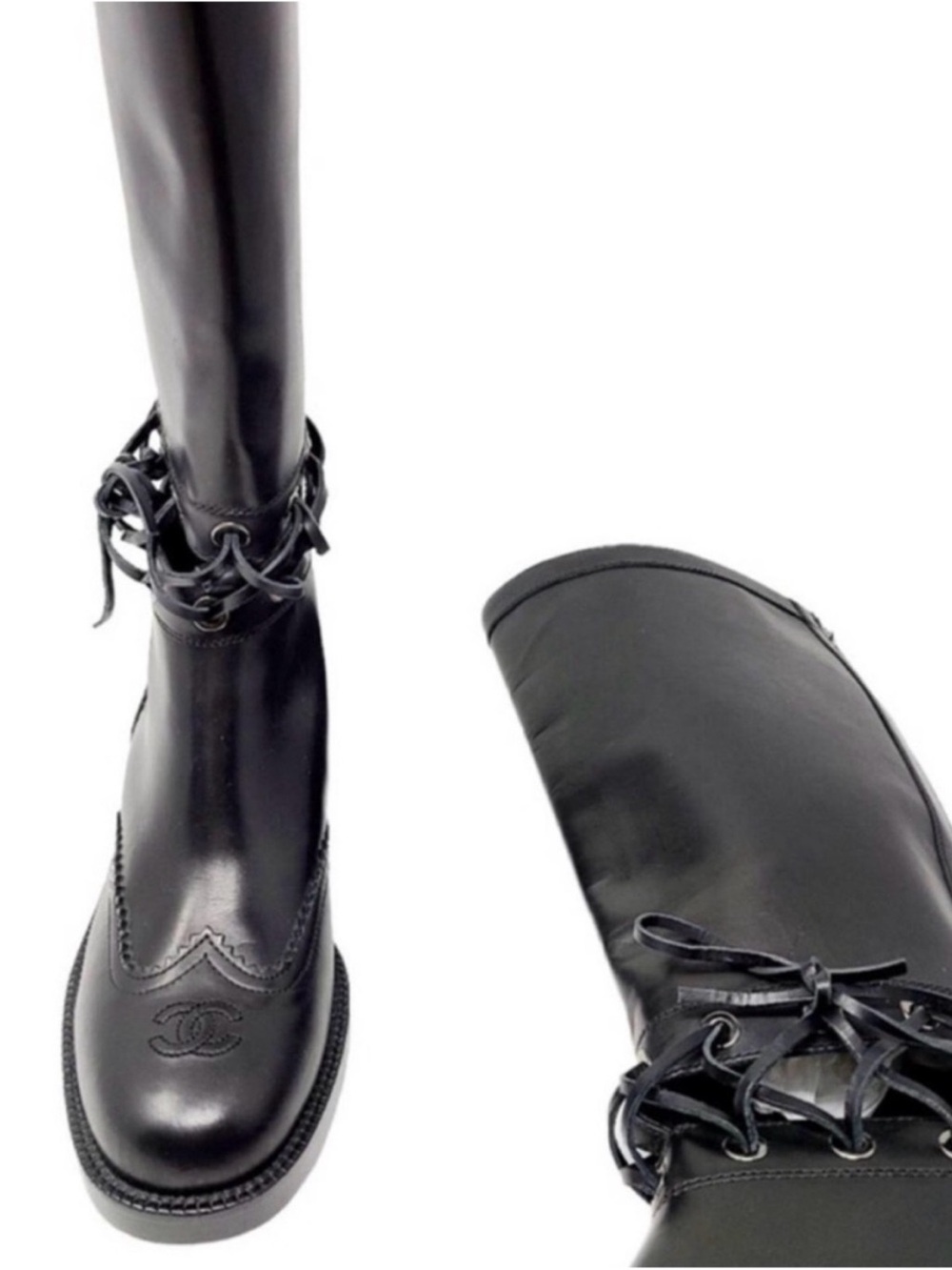 CHANEL Lagerfeld Fall 2016 Black Leather Knee High Laced Equestrian Riding Boot - Picture 2 of 14